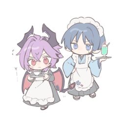  2boys alternate_costume apron arm_at_side black_dress black_hakama black_horns black_sandals black_sleeves blue_kimono blue_sleeves blunt_ends blush cherry choppy_bangs closed_mouth commentary crossdressing crossdressing_(mtf) crossed_bangs dragon_horns dragon_wings dress durin_(genshin_impact) enmaided flying_sweatdrops food frilled_apron frills fruit full_body genshin_impact grey_eyes grey_hair hair_between_eyes hakama hand_on_own_hip hand_up horns ice_cream ice_cream_float japanese_clothes kimono long_sleeves maid maid_headdress male_maid mandarin_collar multiple_boys nontan_4242 purple_hair red_eyes red_wings sandals scaramouche_(genshin_impact) sweatdrop tabi untranslatable_commentary wa_maid white_apron white_background wings zouri 