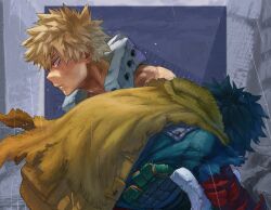  2boys absurdres backpack bag bakugou_katsuki blonde_hair blue_bodysuit blue_hair bodysuit boku_no_hero_academia building canon_event cape city closed_mouth commentary_request dilapidated dirty dirty_clothes expressionless eyebrows_hidden_by_hair from_side frosted_border gloves green_gloves highres leaning_on_person looking_ahead male_focus midoriya_izuku multicolored_gloves multiple_boys orange_gloves outdoors outside_border partial_commentary profile rain red_eyes sanpaku scene_reference short_hair sideways_mouth spiky_hair spoilers tile_floor tiles torn_cape torn_clothes torn_sleeve two-sided_gloves two-tone_gloves upper_body water_drop wet wet_clothes yellow_bag yellow_cape yomoyama_yotabanashi 