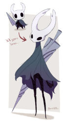  1other aged_up bano_akira black_skin cloak colored_skin commentary_request full_body grey_cloak hollow_eyes hollow_knight horned_mask horns knight_(hollow_knight) mask nail_(hollow_knight) no_feet simple_background solo standing weapon white_mask 