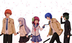  2girls 3boys :d ^_^ angel_beats! black_hairband black_hat black_jacket black_pants black_shorts black_skirt blue_hair blue_necktie blue_sailor_collar blunt_bangs blush bow closed_eyes closed_mouth clothes_grab collared_shirt commentary_request couple cowboy_shot dress_shirt emblem eyes_visible_through_hair facing_another falling_petals from_side gakuran graduation green_bow green_hair grey_hair hair_between_eyes hair_bow hairband hand_on_headwear hand_up happy hat height_difference hetero highres hinata_hideki holding_hands holding_measuring_cylinder jacket leaning_forward long_hair long_sleeves looking_at_another measuring_cylinder medium_hair miniskirt multiple_boys multiple_girls nakamura_yuri naoi_ayato neckerchief necktie necktie_grab neckwear_grab open_clothes open_jacket open_mouth orange_hair otonashi_yuzuru pants peaked_cap petals pink_neckerchief pleated_skirt profile purple_hair red_eyes sailor_collar sailor_shirt school_uniform sekibaracheice shinda_sekai_sensen_uniform shirt short_hair shorts sidelocks simple_background skirt smile split_mouth sweatdrop tachibana_kanade very_long_hair white_background white_shirt wide-eyed yellow_eyes yellow_jacket 