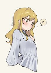  1girl alternate_costume back_bow blonde_hair blush bow closed_mouth commentary_request dress highres kirisame_marisa long_sleeves missing_headwear niru_(ka_k_0517) simple_background solo spoken_squiggle squiggle touhou twitter_username white_bow white_dress yellow_background yellow_eyes 
