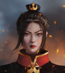  1girl avatar:_the_last_airbender avatar_legends azula black_hair close-up closed_mouth commentary embers english_commentary hair_bun hair_ornament highres lips lipstick looking_at_viewer makeup orange_eyes photoshop_(medium) portrait realistic red_lips sidelocks single_hair_bun solo topknot wei_k 