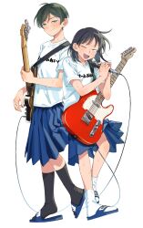  2girls ahoge bass_guitar blue_skirt commentary_request electric_guitar fender_jazz_bass fender_telecaster futsuu_no_keion-bu green_eyes green_hair guitar hair_ornament hairpin hatono_chihiro height_difference highres holding holding_microphone instrument kouyama_rin medium_hair microphone multiple_girls pixie_cut playing_instrument rra_(yj) shirt short_hair singing skirt sweat white_background white_shirt 