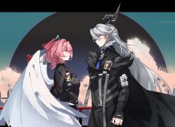  2girls black_coat black_dress black_horns blue_eyes breasts coat commentary dress falkenhayn_mercenary_leader_(zenless_zone_zero) horns long_hair looking_at_another medium_breasts medium_hair multiple_girls pink_hair pointy_ears shiying_no_yao smile sunbringer_(zenless_zone_zero) very_long_hair violet_eyes white_hair white_wings wings zenless_zone_zero 