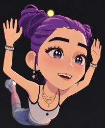  1girl ai-generated black_background bracelet deformed earrings eyeshadow full_body hair_bun highres jewelry makeup necklace non-web_source open_mouth original pink_eyeshadow purple_hair self-upload shirt simple_background single_hair_bun solo sosowang sparkling_eyes thick_eyebrows violet_eyes white_shirt 