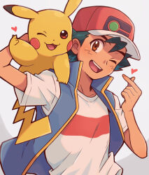  1boy ash_ketchum baseball_cap black_hair blue_jacket blush brown_eyes commentary_request cyaneko finger_heart hat heart jacket male_focus on_shoulder one_eye_closed open_clothes open_jacket open_mouth pikachu pokemon pokemon_(anime) pokemon_(creature) pokemon_journeys pokemon_on_shoulder red_hat shirt short_hair short_sleeves simple_background sleeveless sleeveless_jacket smile teeth upper_teeth_only white_shirt 