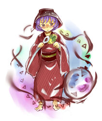  1girl barefoot blush bowl bowl_hat commentary_request full_body hands_up hat holding holding_needle japanese_clothes kimono looking_at_viewer mallet miracle_mallet needle parted_lips purple_hair red_kimono revision short_hair solo standing sukuna_shinmyoumaru touhou tourou_mujou 