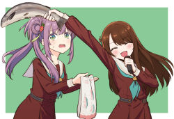  2girls :d ^_^ animal animification aqua_neckerchief blush border brown_dress brown_hair closed_eyes commentary_request dress facing_viewer fish flower green_background green_eyes hair_flower hair_ornament hanamiya_nina hasu_no_sora_school_uniform highres holding holding_animal holding_fish holding_microphone holding_towel long_sleeves love_live! love_live!_hasu_no_sora_jogakuin_school_idol_club microphone mole mole_under_eye multiple_girls neckerchief open_mouth otomune_kozue outside_border pleated_dress purple_hair real_life red_flower sailor_collar sailor_dress school_uniform sidelocks simple_background smile sweatdrop tassel tassel_hair_ornament tera_dash towel virtual_youtuber voice_actor voice_actor_connection white_border white_sailor_collar winter_uniform 