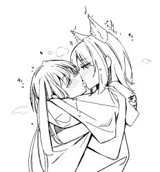   2girls animal_ears arms_around_neck blush cho_kaguya-hime! commentary_request fox_ears french_kiss from_side greyscale heart hood hoodie kaguya_(cho_kaguya-hime!) keu_sekihaku kiss long_hair looking_at_another lop_rabbit_ears medium_hair monochrome multiple_girls profile rabbit_ears sakayori_iroha simple_background sketch tongue upper_body white_background yuri