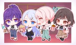  1other 25-ji_nightcord_de._(project_sekai) 4girls :d :o akiyama_mizuki asahina_mafuyu batsu_miku blue_eyes blue_hair blush border brown_hair chibi chibi_only commentary_request cup disposable_cup drinking_straw food full_body hair_between_eyes hatsune_miku highres holding holding_cup holding_food indoors kowareta_sekai_to_utaenai_miku long_hair multiple_girls open_mouth outline oyasumirakko parted_bangs parted_lips pink_hair popcorn project_sekai purple_hair shinonome_ena short_hair smile standing violet_eyes vocaloid white_border white_outline yoisaki_kanade 