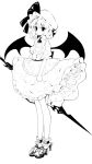  1341398tkrtr 1girl ascot bangs bat_wings closed_mouth full_body hat hat_ribbon high_heels highres looking_at_viewer mob_cap monochrome remilia_scarlet ribbon short_hair short_sleeves solo standing touhou wings 