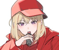  1girl bang_dream! bang_dream!_it's_mygo!!!!! blonde_hair commentary_request hair_between_eyes hat jacket medium_hair misumi_uika nanami_(nunnun_0410) open_mouth red_hat red_jacket red_shirt shirt simple_background solo teeth upper_teeth_only violet_eyes white_background 