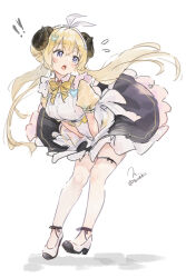  1girl black_shoes blonde_hair commentary_request hair_ornament highres hololive horns long_hair looking_at_viewer official_alternate_costume open_mouth sheep_girl sheep_horns shoes solo thigh_strap torokko tsunomaki_watame very_long_hair violet_eyes virtual_youtuber x_hair_ornament 
