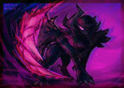  absol animal_focus claws closed_mouth commentary_request glowing hair_over_one_eye highres horns korean_commentary mega_absol_z mega_pokemon mixed-language_commentary mr_h202 no_humans pink_eyes pokemon pokemon_(creature) pokemon_focus shadow single_wing wings 