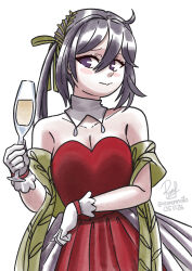1girl :> akebono_(12th_anniversary)_(kancolle) akebono_(kancolle) champagne_flute cleavage commentary_request cowboy_shot cup dated dress drinking_glass gloves green_shawl grey_eyes grey_hair highres kantai_collection one-hour_drawing_challenge red_dress ron_(pixiv83091338) shawl side_ponytail signature simple_background solo strapless strapless_dress twitter_username white_background white_gloves
