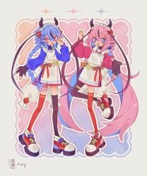  2others asymmetrical_legwear blue_eyes blue_hair braid commentary dress fingerless_gloves full_body gloves hand_up highres horns long_hair looking_at_viewer maid_headdress meika_hime meika_mikoto mismatched_legwear multiple_others nasi_(na_si) open_mouth other_focus pink_eyes pink_hair siblings single_fingerless_glove standing thigh-highs untranslatable_commentary vocaloid 
