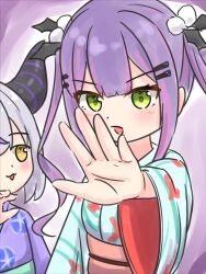  2girls absurdres alternate_costume alternate_hair_length_(shorter) demon_girl demon_horns green_eyes green_kimono hair_ornament hairpin highres hololive horns japanese_clothes kimono la+_darknesss long_hair looking_at_viewer morotade_kudou multicolored_hair multiple_girls pink_hair purple_hair purple_kimono purple_streaks streaked_hair tokoyami_towa two-tone_hair virtual_youtuber yukata 