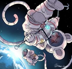  1girl :o animal_ears astronaut commentary dowsing_rod earth_(planet) grey_hair helmet highres jewelry mame_komari mouse_(animal) mouse_ears mouse_girl mouse_tail nazrin open_mouth pendant planet red_eyes solo space space_helmet spacesuit star_(sky) tail touhou twitter_username zero_gravity 
