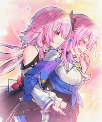  2girls black_dress black_gloves black_skirt blush closed_mouth clothing_cutout dress dual_persona earrings evernight_(honkai:_star_rail) gloves highres holding_hands honkai:_star_rail honkai_(series) jewelry laughing long_hair march_7th_(honkai:_star_rail) march_7th_(preservation)_(honkai:_star_rail) multiple_girls open_mouth pink_eyes pink_hair selfcest shirt shoulder_cutout skirt smile sorimachi-doufu white_shirt yuri 