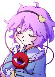  1girl black_hairband blue_shirt closed_eyes closed_mouth collared_shirt commentary_request disembodied_linked_eye eyeball facing_viewer frilled_shirt_collar frilled_sleeves frills hair_ornament hairband hand_on_own_cheek hand_on_own_face heart heart_hair_ornament highres illust_atelier3 komeiji_satori long_sleeves one-hour_drawing_challenge pink_hair shirt signature simple_background solo touhou upper_body white_background wide_sleeves 
