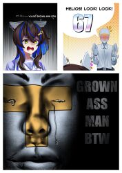  1boy 1girl 67_(meme) absurdres animal_ears blue_hair brown_hair close-up collared_shirt commentary crying daitaku_helios_(umamusume) ear_covers embarrassed english_commentary fang hair_between_eyes hair_ornament hairclip highres horse_ears horse_girl long_hair long_sleeves manjo_(warito) meme multicolored_hair open_mouth purple_shirt sailor_collar sailor_shirt school_uniform shirt side_ponytail speech_bubble star_(symbol) star_hair_ornament streaked_hair sweat t-head_trainer_(umamusume) tears tracen_school_uniform trainer_(umamusume) traumatized umamusume white_sailor_collar white_shirt yellow_eyes 