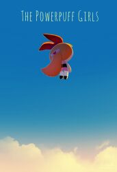  1girl absurdres artist_name black_shoes blossom_(ppg) blue_sky blunt_ends bow child commentary_request copyright_name dress english_text facing_away floating full_body hair_bow hair_ornament hairclip heart heart_hair_ornament highres long_hair mary_janes noah_(rokoroko) orange_hair pantyhose pink_dress ponytail powerpuff_girls red_bow shoes sky sleeveless sleeveless_dress solo striped_clothes striped_dress twitter_username watermark white_pantyhose 