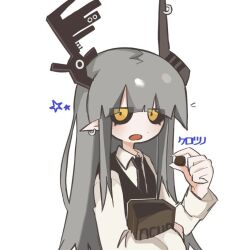  1girl black_horns black_necktie black_sclera black_vest blunt_bangs box box_of_chocolates chocolate collared_shirt colored_sclera demon_horns ear_piercing earrings food funamusea grey_hair holding holding_food horn_piercing horns jewelry kigihara kurotsuno long_hair long_sleeves looking_at_viewer necktie open_mouth piercing pointy_ears shirt simple_background solo star_(symbol) sutare_yume upper_body vest white_background white_shirt yellow_eyes 