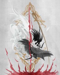  arthropod_girl black_hair broken_mask dress floating_hair ghost grey_dress highres holding holding_weapon hollow_knight hollow_knight:_silksong horned_mask mask panthersuye phantom_(hollow_knight) pin_(hollow_knight) weapon white_mask wraith_(hollow_knight) 
