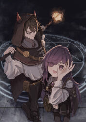  1boy 1girl black_boots black_bow black_bowtie black_eyes black_hair black_pants black_skirt black_thighhighs boots bow bowtie collared_shirt commentary commission dress_shirt gem hair_between_eyes hair_ornament hair_over_one_eye hairclip hexagram highres holding holding_staff horns horns_through_hood kogure0012 long_hair magic_circle neckerchief open_mouth original pants pouch purple_gem purple_hair red_neckerchief shirt short_hair skeb_commission skirt smile staff star_of_david thigh-highs untranslatable_commentary violet_eyes white_shirt 