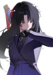  1girl black_gloves black_hair black_shirt blood blood_from_eyes blood_on_face coat collared_shirt glitch gloves hand_up jacket limbus_company long_hair long_sleeves looking_to_the_side multicolored_hair necktie noto12_34 parted_bangs pinky_(identity)_(project_moon) project_moon purple_jacket purple_streaks red_eyes ryoshu_(project_moon) shirt simple_background solo streaked_hair sword sword_on_back upper_body very_long_hair weapon weapon_on_back white_background 