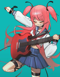  1girl absurdres angel_beats! ankle_lace-up black_choker blue_background blue_sailor_collar blue_skirt blush_stickers cable choker clip_studio_paint_(medium) closed_eyes closed_mouth commentary cuffs english_commentary facing_viewer fang floating_hair guitar hair_between_eyes hair_ribbon hand_up handcuffs highres holding holding_guitar holding_instrument holding_plectrum instrument long_hair long_sleeves midriff miniskirt navel neckerchief outstretched_arm pink_hair pink_neckerchief pleated_skirt plectrum red_ribbon ribbon saaal653 sailor_collar sailor_shirt shirt sidelocks simple_background skin_fang skirt smile smug solo standing standing_on_one_leg sweatdrop thigh_strap two_side_up v-shaped_eyebrows very_long_hair white_shirt yui_(angel_beats!) 