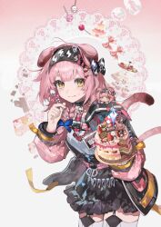  1girl absurdres animal_ears arknights black_bow black_collar black_hairband black_skirt blue_bow bow braid cake candy cat_ears cat_girl cat_tail chinese_commentary chocolate closed_mouth collar commentary_request cowboy_shot food garter_straps goldenglow_(arknights) gradient_background hair_bow hairband highres holding holding_food holding_spoon jacket kelezi lightning_bolt_print lollipop long_hair looking_at_viewer miniskirt open_clothes open_jacket pink_background pink_hair pink_jacket plate shirt side_braid skirt smile solo spoon tail thigh-highs white_background white_shirt white_thighhighs yellow_eyes zettai_ryouiki 