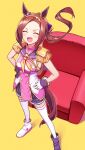  1girl :d ^_^ animal_ears asymmetrical_gloves black_gloves brown_hair closed_eyes commentary couch deadnooodles epaulettes full_body gloves hairband hands_on_hips highres horse_ears horse_girl horse_tail long_hair mismatched_gloves neckerchief ponytail sakura_bakushin_o_(umamusume) shoes simple_background smile solo standing tail thigh-highs umamusume white_footwear white_gloves white_thighhighs yellow_background yellow_hairband yellow_neckerchief 