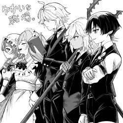  2girls 3boys alhaitham_(genshin_impact) alternate_costume apron arm_at_side arm_strap arms_at_sides ascot belt blunt_ends blush book brooch buckle caramelo_game clenched_hand closed_eyes collared_dress collared_shirt commentary_request crossed_arms cyno_(genshin_impact) dark-skinned_male dark_skin dress dress_shirt enmaided facing_to_the_side faruzan_(genshin_impact) feathers genshin_impact gloves greyscale hair_over_eyes hand_on_own_arm hand_on_own_hip hand_up hat highres holding holding_book holding_polearm holding_weapon jacket jewelry lapels layla_(genshin_impact) long_hair long_sleeves looking_to_the_side maid maid_apron maid_headdress mob_cap monochrome multiple_boys multiple_girls necktie open_book parted_lips polearm pom_pom_(clothes) profile scaramouche_(genshin_impact) shirt shorts sidelocks sideways_mouth smirk suit_jacket teeth tongue translation_request tsurime twintails undershirt upper_teeth_only weapon wispy_bangs 