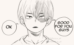 1boy athena_av boku_no_hero_academia bright_pupils collarbone commentary deadpan double-parted_bangs english_commentary english_text eyebrows_hidden_by_hair grey_background greyscale hair_between_eyes heterochromia instagram_logo instagram_username looking_at_viewer lower_teeth_only male_focus monochrome multicolored_hair open_mouth portrait sanpaku scar scar_on_face short_hair simple_background solo speech_bubble split-color_hair straight-on talking teeth todoroki_shoto tsurime twitter_logo twitter_username two-tone_hair unamused 