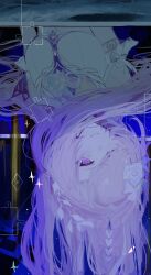  1girl breasts commentary cyrene_(demiurge)_(honkai:_star_rail) cyrene_(honkai:_star_rail) diamond-shaped_pupils diamond_(shape) dress flower hair_flower hair_ornament highres honkai:_star_rail honkai_(series) kare_u_don large_breasts long_hair pink_hair puzzle_piece smile symbol-shaped_pupils upside-down very_long_hair violet_eyes white_dress 