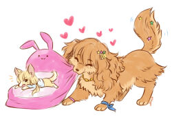  animal animal_focus animalization blonde_hair brown_dog brown_hair closed_eyes clothed_animal commentary dog english_commentary futaba_anzu hair_ornament heart idolmaster idolmaster_cinderella_girls mahoxyshoujo moroboshi_kirari no_humans pillow shirt size_difference star_(symbol) star_hair_ornament white_shirt 