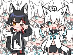  2girls animal_ear_piercing animal_ears aqua_eyes black_hair black_hoodie black_shorts closed_mouth commentary_request double_v fox_ears fox_girl fox_tail highres hololive hood hoodie long_hair looking_at_viewer morotade_kudou multicolored_hair multiple_girls official_alternate_costume ookami_mio ookami_mio_(hoodie) open_mouth red_streaks shirakami_fubuki shirakami_fubuki_(1st_costume) shorts smile streaked_hair tail tail_around_own_leg two-tone_hoodie v virtual_youtuber white_hair white_hoodie wolf_ears wolf_girl wolf_tail yellow_eyes 