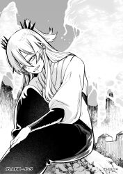  1girl akinaie centuria_(manga) clothing_cutout commentary_request dated fortress hair_between_eyes highres lacrima_(centuria) long_eyelashes long_hair looking_at_viewer outdoors sharp_teeth side_cutout sitting smile solo teeth two_side_up 