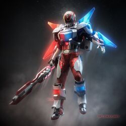 1boy 3d arm_guards armor battlizer_(power_rangers) belt bodysuit boots commentary dekared english_commentary full_body gloves helmet holding holding_sword holding_weapon male_focus mechanical_wings power_rangers power_rangers_s.p.d. red_bodysuit shoulder_armor solo standing super_sentai sword tokujay tokusatsu tokusou_sentai_dekaranger twitter_username weapon wings