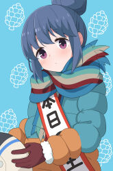  1girl absurdres birthday birthday_sash blue_background blue_hair blue_jacket blue_scarf brown_gloves brown_scarf closed_mouth down_jacket fur-trimmed_sleeves fur_trim gloves green_scarf hair_bun helmet highres holding holding_unworn_helmet hosinonana huge_hair_bun jacket long_sleeves looking_at_viewer multicolored_jacket multicolored_scarf orange_jacket pinecone red_scarf scarf shima_rin single_hair_bun striped_clothes striped_scarf two-tone_jacket unworn_headwear unworn_helmet upper_body violet_eyes yurucamp 