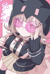  1girl animal_bag bag blush breasts brown_hair brown_skirt cat_bag chi_gu collared_shirt danganronpa_(series) danganronpa_2:_goodbye_despair flipped_hair glasses hair_ornament highres hood jacket long_sleeves looking_at_viewer medium_hair nanami_chiaki neck_ribbon open_clothes open_jacket pink_bag pink_eyes pink_ribbon pleated_skirt ribbon round_eyewear shirt skirt smile solo thigh-highs two-tone_shirt white_shirt 