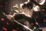  1boy backlighting black_hair blossom_robber blurry blurry_background chungmyung dark_background from_side glint grin holding holding_sword holding_weapon korean_commentary long_hair long_sleeves male_focus ponytail return_of_the_mount_hua_sect smile solo sword upper_body weapon 