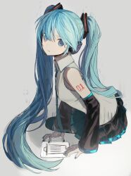 1girl absurdres black_skirt black_sleeves blue_eyes blue_hair collared_shirt commentary_request grey_background grey_shirt hatsune_miku headphones headset highres long_hair long_sleeves looking_at_viewer miniskirt miyononon pleated_skirt shirt skirt sleeveless sleeveless_shirt solo trash_can twintails very_long_hair vocaloid wide_sleeves 