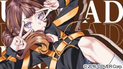  1girl anya_melfissa bilingual_commentary black_hoodie blonde_streaks blunt_bangs brown_background brown_hair chest_harness closed_mouth commentary copyright_notice double-parted_bangs double_inward_v drop_shadow ear_piercing english_commentary gradient_hair harness highres hololive hololive_indonesia hood hood_down hoodie long_hair looking_at_viewer mixed-language_commentary multicolored_hair o-ring o-ring_harness official_art piercing shadow side_ponytail smile socks solo streaked_hair tsukinobeato two-tone_hair violet_eyes virtual_youtuber white_socks 