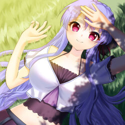  1girl black_bow blue_hair bow braid breasts casual closed_mouth commentary_request cowboy_shot crown_braid dappled_sunlight day dutch_angle eyelashes frilled_sleeves frills grass hair_between_eyes hair_bow hair_spread_out hands_up highres large_breasts long_hair looking_at_viewer lying midriff navel on_back on_ground outdoors red_eyes ringed_eyes shirt short_sleeves smile solo sorakado_ao summer_pockets sunlight t_kutkut tareme very_long_hair white_shirt 