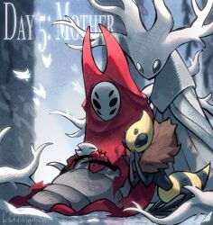  4girls aged_down arthropod_girl bee_girl black_eyes black_skin child cloak closed_eyes colored_skin commentary english_commentary extra_eyes herrah_(hollow_knight) highres hive_queen_vespa_(hollow_knight) holding hollow_eyes hollow_knight hollow_knight:_silksong horned_mask hornet_(hollow_knight) mask mother's_day mother_and_child mother_and_daughter multiple_girls parent_and_child pesticydes red_cloak white_lady_(hollow_knight) white_mask yellow_skin 