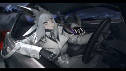  1girl animal_ears belt black_bodysuit black_nails bodysuit bodysuit_under_clothes car chatblin_(dyarikku) cigarette coat colored_skin driving dyarikku_(vtuber) ex-trident facial_mark fox_ears fox_girl grey_eyes grey_hair hat highres impossible_bodysuit impossible_clothes indie_virtual_youtuber jewelry medium_hair motor_vehicle necktie night ring solo steering_wheel tree very_long_ears virtual_youtuber white_belt white_coat white_necktie x_(symbol) x_facial_mark 