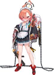  1girl ahoge apron arm_at_side arm_up asymmetrical_bangs belt black_halo black_nails black_skirt blue_archive blue_ribbon blush braid buttons center_frills chain clenched_teeth collarbone collared_shirt cross-laced_shoes delinquent dragon_print earrings embarrassed english_text fang flat_chest floral_print frilled_apron frills full_body game_asset gun hair_between_eyes halo highres jacket jewelry large_variant_set legs long_sleeves looking_at_viewer maid maid_headdress medium_hair miniskirt mole mole_under_eye mx2j neck_ribbon neru_(blue_archive) nose_blush off_shoulder official_art open_clothes open_jacket orange_hair pleated_skirt pocket print_jacket raglan_sleeves red_eyes red_shoes ribbon shirt shirt_tucked_in shoes sig_mpx simple_background single_braid skirt solo standing stud_earrings submachine_gun sukajan sweat tachi-e tag teeth thighs third-party_source transparent_background undone_neck_ribbon v-shaped_eyebrows variant_set waist_apron weapon white_apron white_shirt white_sleeves zipper zipper_pull_tab 