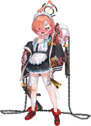  1girl @_@ ahoge apron arm_at_side arm_up asymmetrical_bangs bandaged_leg bandaged_neck bandages bandaid bandaid_on_knee bandaid_on_leg belt black_halo black_nails black_skirt blue_archive blue_ribbon blush braid buttons cast cast_writing center_frills chain collarbone collared_shirt constricted_pupils cross-laced_shoes delinquent dragon_print earrings embarrassed english_text fang flat_chest floral_print frilled_apron frills full_body game_asset gauze gauze_on_face gun hair_between_eyes halo highres jacket jewelry large_variant_set legs long_sleeves looking_at_viewer maid maid_headdress medium_hair miniskirt mole mole_under_eye mx2j neck_ribbon neru_(blue_archive) nose_blush off_shoulder official_art open_clothes open_jacket open_mouth orange_hair pleated_skirt pocket print_jacket raglan_sleeves red_eyes red_shoes ribbon shirt shirt_tucked_in shoes sig_mpx simple_background single_braid skirt solo standing stud_earrings submachine_gun sukajan sweat tachi-e tag teeth thighs third-party_source tongue transparent_background undone_neck_ribbon v-shaped_eyebrows variant_set waist_apron weapon white_apron white_shirt white_sleeves wide-eyed zipper zipper_pull_tab 